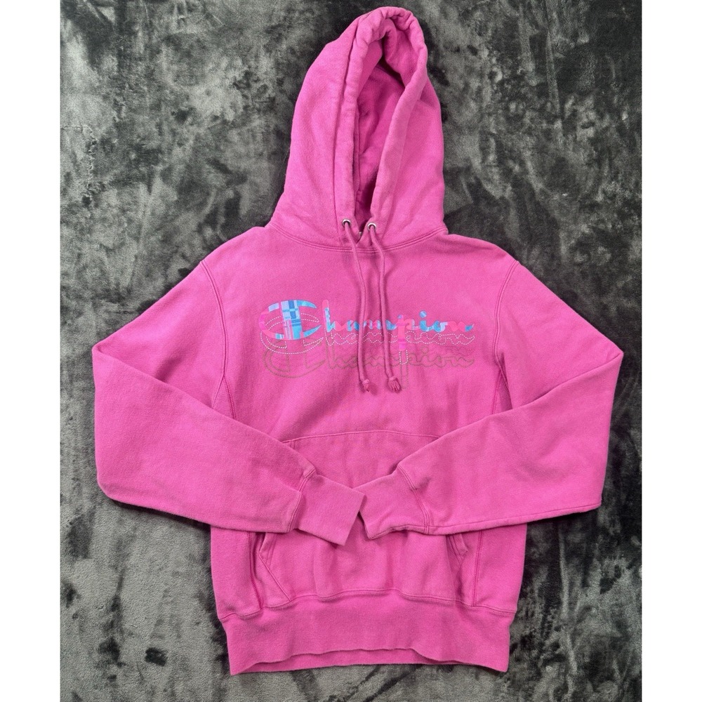 Champion Reverse Weave Hoodie Womens Small Pink Plaid Logo Embroidered Pullover